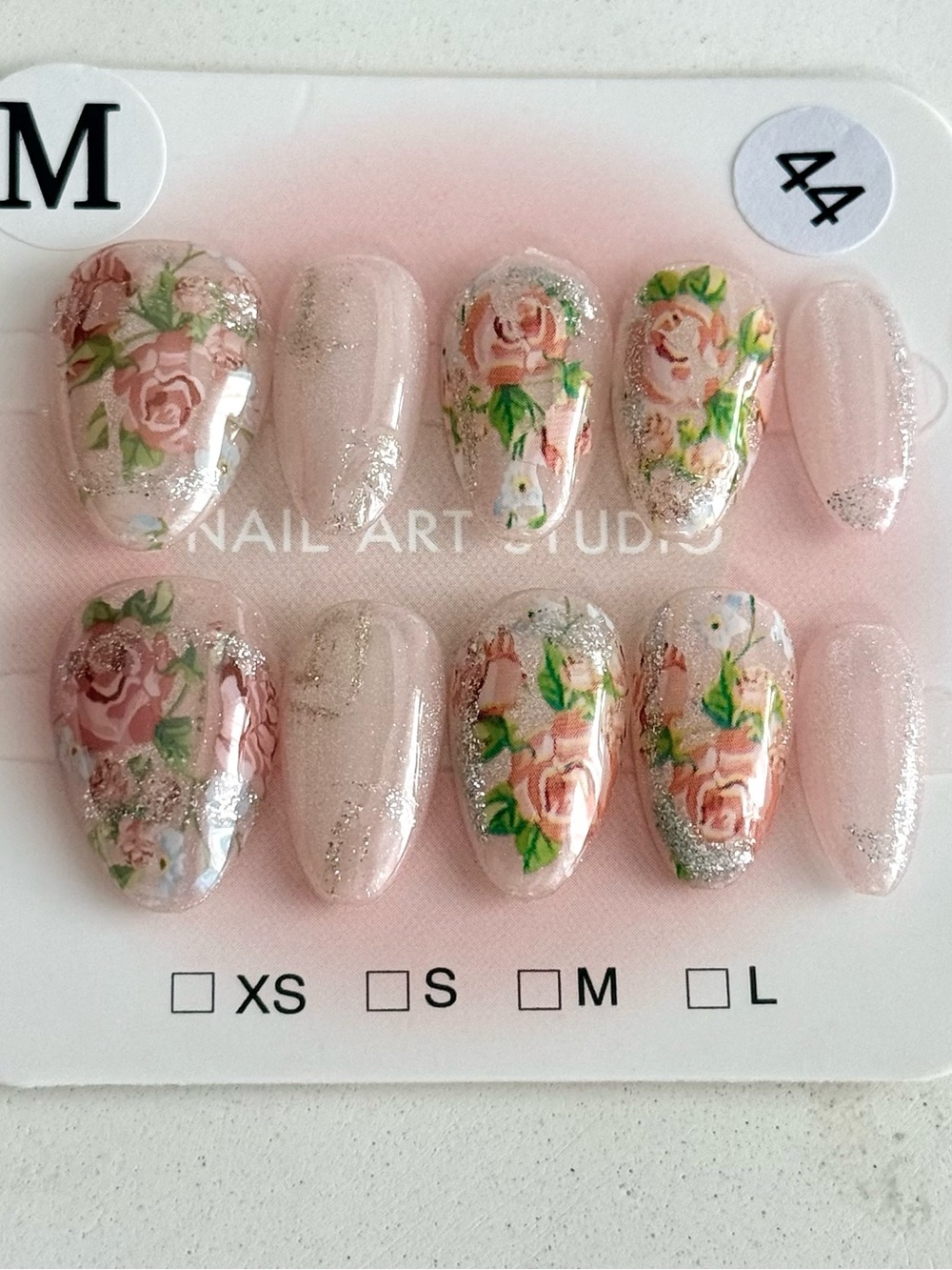 Handmade Rose Garden Pink Press-On Nail Short Almond Size M